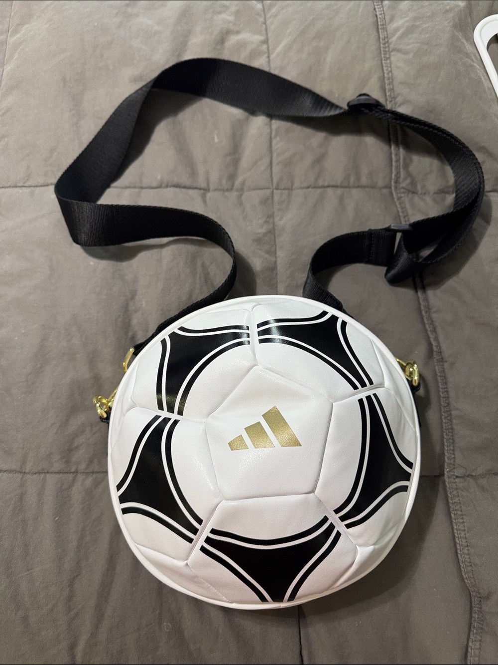 adidas Round Soccer Ball Crossbody Bag in White, Black & Gold